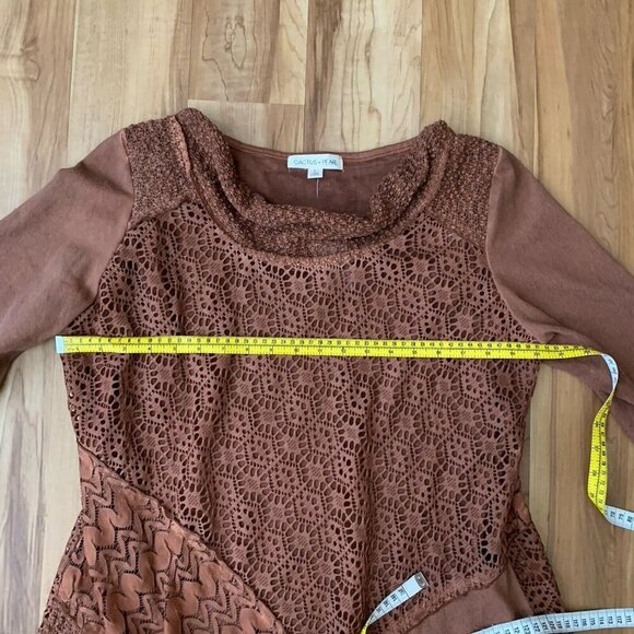 Cactus + Pearl Blouse Women's Rust Brown Large Cowl Neck Lace Overlay NWT - Picture 2 of 10